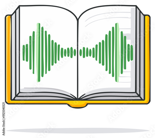 Open book displays green sound wave graph symbol representing audio recording learning and information
