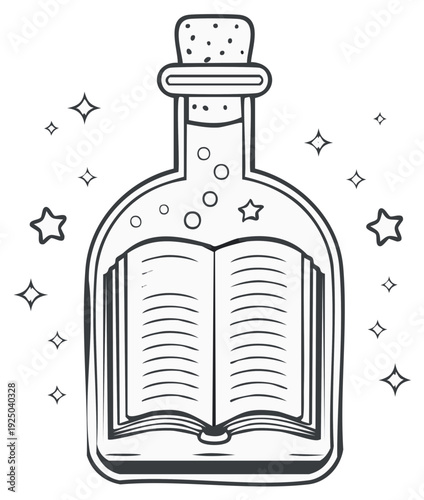 Open Book Inside Glass Bottle with Stars and Bubbles Outline Illustration
