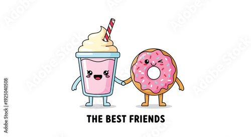 Cute cartoon milkshake and strawberry donut with sprinkles holding hands as best friends in a sweet food illustration.