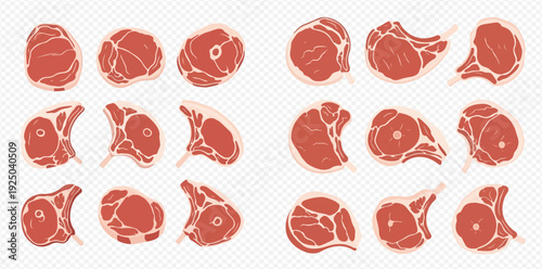 Set of fresh raw meat cuts including beef steak, pork chop, and lamb ribs on transparent background.