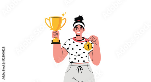 Proud young athlete celebrates her victory by holding a golden trophy cup and showing her first place gold medal.