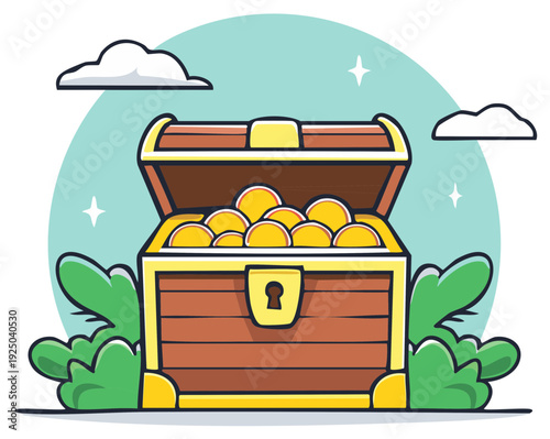 Cartoon illustration of an open wooden pirate treasure chest full of gold coins