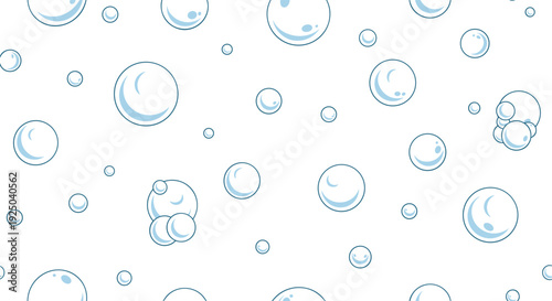 Seamless pattern of transparent light blue water bubbles in various sizes floating on a clean white background.