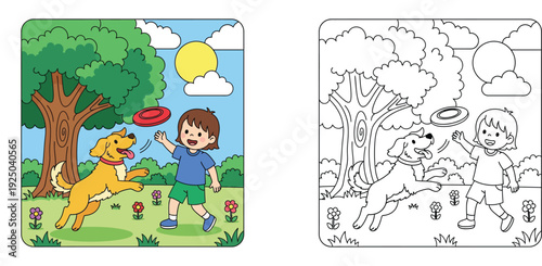 Kids activity coloring book page showing a boy playing frisbee with his dog in a sunny park with trees and flowers, educational vector illustration for children and leisure time activities.
