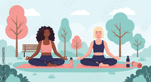 Two women of diverse ethnicities practice mindfulness meditation together on mats in a beautiful outdoor park setting.