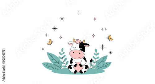 Adorable baby cow sits peacefully in a grassy patch among butterflies and plants under a starry night sky.