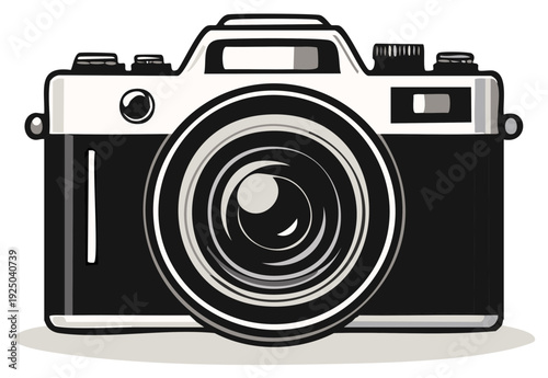 Vintage analog camera with a large lens front view illustration isolated on white