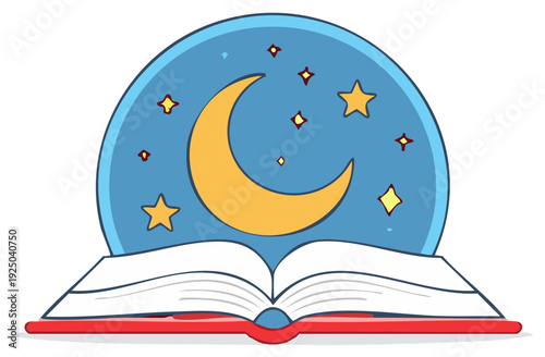 Open Book with Moon and Stars Cartoon Illustration, Concept for bedtime stories, reading, literature, and imagination