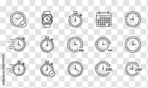 Modern Time Management Line Icons Set Clocks, Stopwatches, Calendar, AM PM, 24h and Productivity