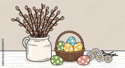 A decorative arrangement of Easter eggs in a wicker basket beside a vase of twigs and flowers in minimalist vector style, perfect for spring holiday designs