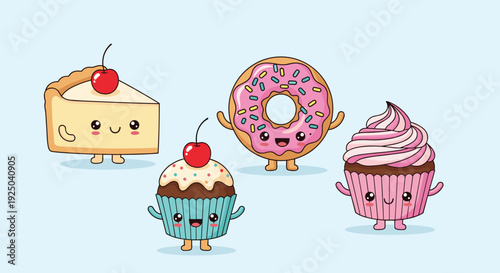 Four cute cartoon dessert characters including a cheesecake slice, a muffin, a donut, and a cupcake with smiles.