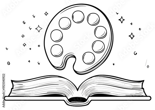 Artist's palette floating above an open book with sparkling stars and magical wisps