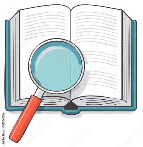 Magnifying glass examining open book for education and learning