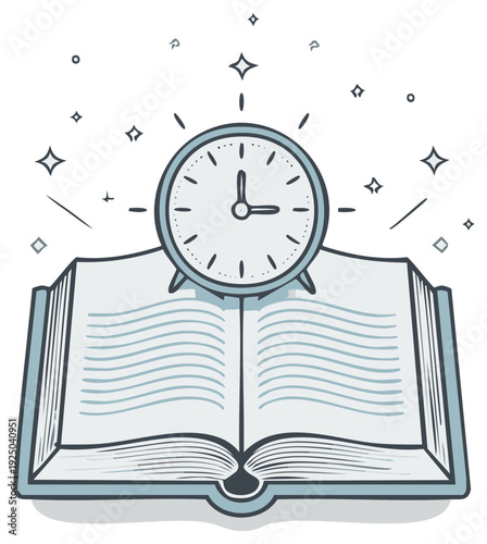 Open Book with Alarm Clock and Decorative Stars Illustration