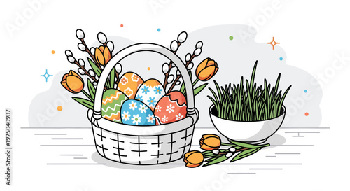 A decorative Easter basket filled with colorful eggs and surrounded by tulips and fresh grass in a modern outline vector style, ideal for spring holiday designs