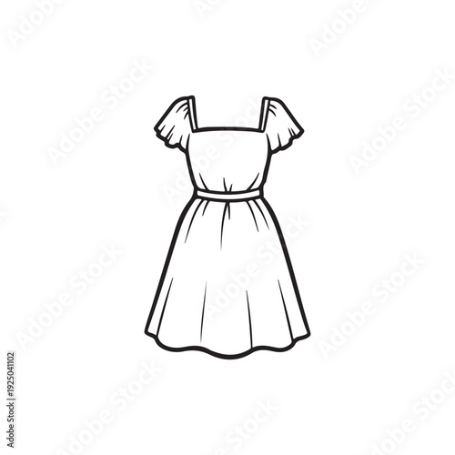 Line drawing of a short dress with short sleeves  simple fashion illustration of a kneelength dress with a square neckline and a defined waist
