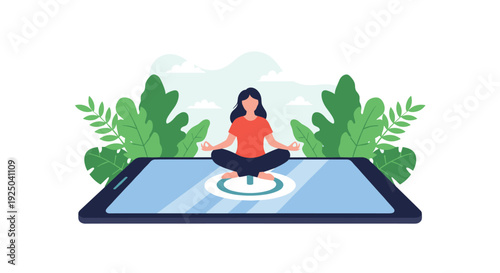 Modern meditation and mental health concept with a woman sitting in a lotus pose on top of a large smartphone.