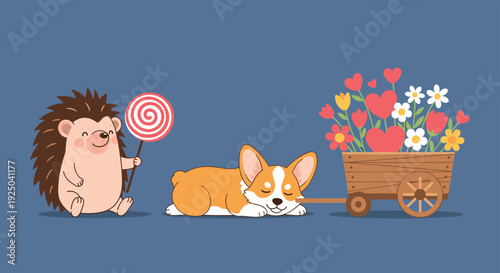 Whimsical scene with a happy hedgehog holding a lollipop and a corgi dog pulling a cart full of flowers and hearts.