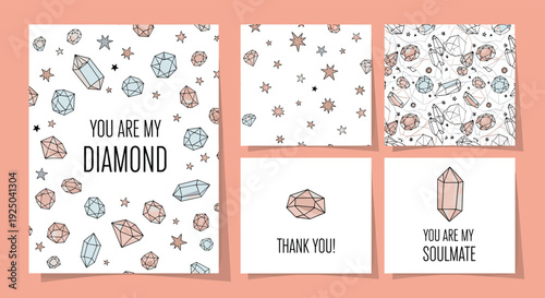 Collection of romantic greeting card templates with diamond and crystal motifs, including messages like you are my diamond and you are my soulmate.