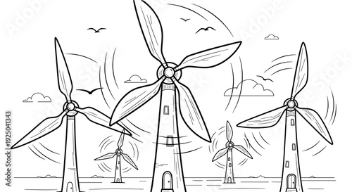 Artistic black and white drawing of wind turbines, showcasing their role in producing clean energy. Black and white sketch of wind turbines spinning, symbolizing renewable energy generation