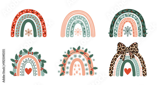 Set of festive Christmas rainbows decorated with snowflakes, holly berries, hearts, and leopard print bows for holiday cards or winter stickers.