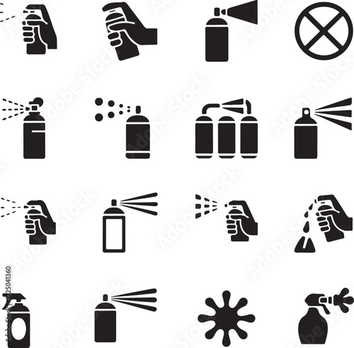 Spray can flat glyph icons set. Hand with aerosol, airbrush, powder coating, graffiti art, cough effect vector illustrations. Signs for disinfection, cleaning