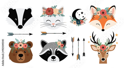 Tribal style forest animals set with a badger, cat, fox, bear, raccoon, and deer faces decorated with flowers, arrows, and bohemian elements.