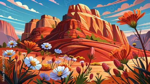 Very beautiful close-up desert wildflowers blooming beneath dramatic red rock formations in Grand Canyon, creating a striking contrast of color and texture.
