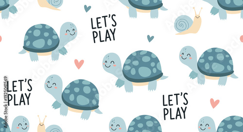 Adorable seamless pattern of smiling turtles and snails with the text let's play and small hearts on a white background for nursery decor.