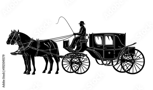 Black and white two horse drawn carriage silhouette vector historic transport illustration