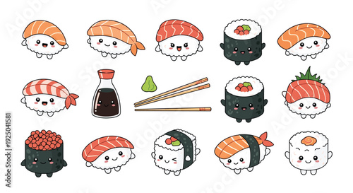 Set of cute cartoon sushi characters with happy faces, including nigiri, maki rolls, soy sauce, wasabi, and chopsticks for food lovers.