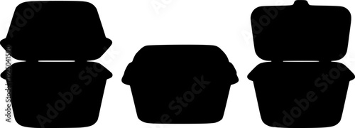 Monochrome vector illustration of disposable food containers, take-away lunch boxes for delivery and eatery packaging.