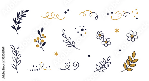 A collection of hand-drawn floral and foliage elements in minimalist vector style, perfect for wedding invitations and graphic design