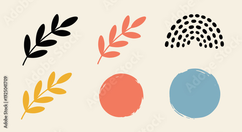 A collection of colorful leaves, circles, and abstract shapes in a modern minimalist vector style, ideal for creative projects and backgrounds