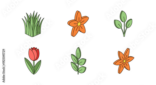 A set of colorful flowers and grass in a minimalist vector style, perfect for floral designs and gardening themes