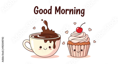 Good morning greeting illustration featuring a cute coffee cup character and a cupcake character with happy faces and small hearts around.