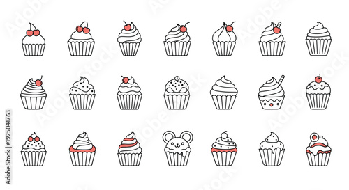 Large collection of diverse cupcake and muffin line art icons with different toppings like cherries, mouse ears, and decorative icing swirls.