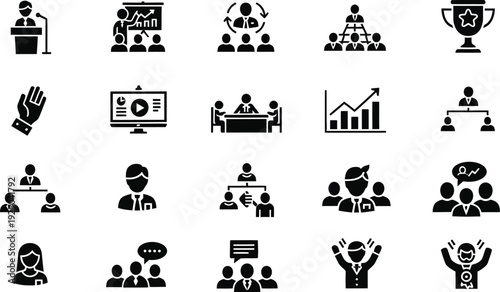 Iconic Elements of Success: A collection of diverse, minimalist icons, symbolizing key components of business growth, teamwork, and achievement, meticulously designed to convey concepts.