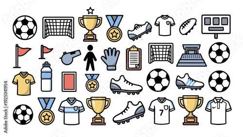 Sports icon collection. Includes soccer balls, trophies, medals, jerseys, cleats, and sports equipment. Created in line style with black, blue, and gold palette