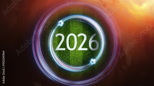 Energetic 2026 soccer animation with orange fire glow effect.