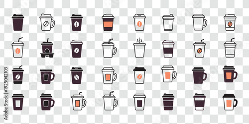 Coffee Cup and Mug Vector Icon Set. Flat Design Beverage Collection for Cafe and Takeaway.