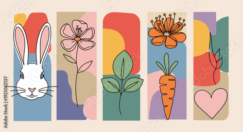 A collection of colorful floral and animal illustrations featuring a rabbit, flowers, a carrot, and a heart in minimalist vector style, perfect for spring-themed designs