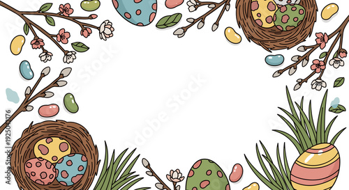 A colorful Easter egg and nest illustration with spring flowers in a whimsical vector style, perfect for holiday designs