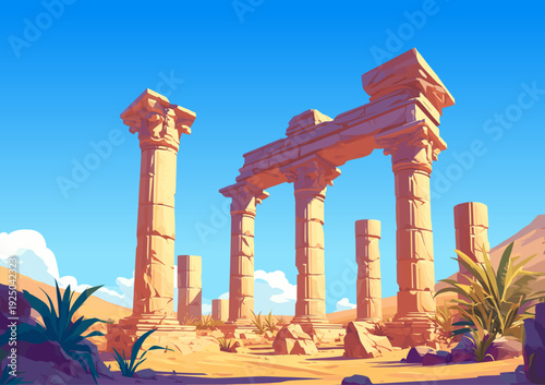 Ancient Roman ruins, arches and columns in the middle of the desert during the day, arid terrain, sand, temple ruins, stone, sky, clouds, history, culture, monument, vector illustration