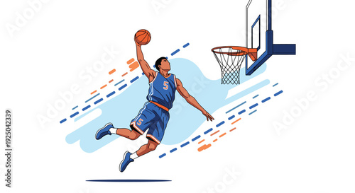 Athletic basketball player in a blue uniform performing a powerful slam dunk during a high energy game session.