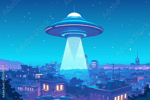 Cartoon alien flying saucer over night city, UFO, city, skyscrapers, night, windows, evening, spotlight, exploration, space, science, fiction, ship, vector illustration