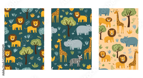 Three vertical posters with seamless patterns of safari animals including lion giraffe hippo zebra and leafy trees.