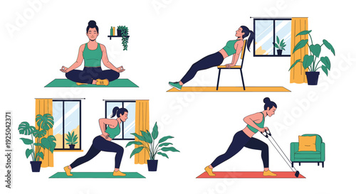 Set of women performing various fitness exercises and yoga poses in a modern home environment filled with green plants.