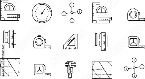 Measurement Tools and Geometry Line Icons Set Ruler Compass Outline Vector Collection Precision Symbols Pack