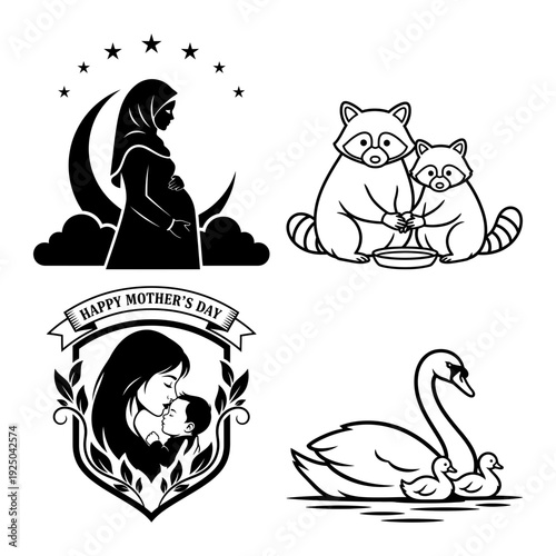 Mother's Day pregnancy and animal family icon bundle with raccoon and swan